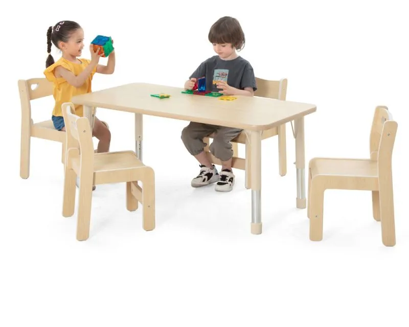 Rectangular table Owlaf in beige with chair Ole and playing children Rectangular table Owlaf in beige with chair Ole and playing children